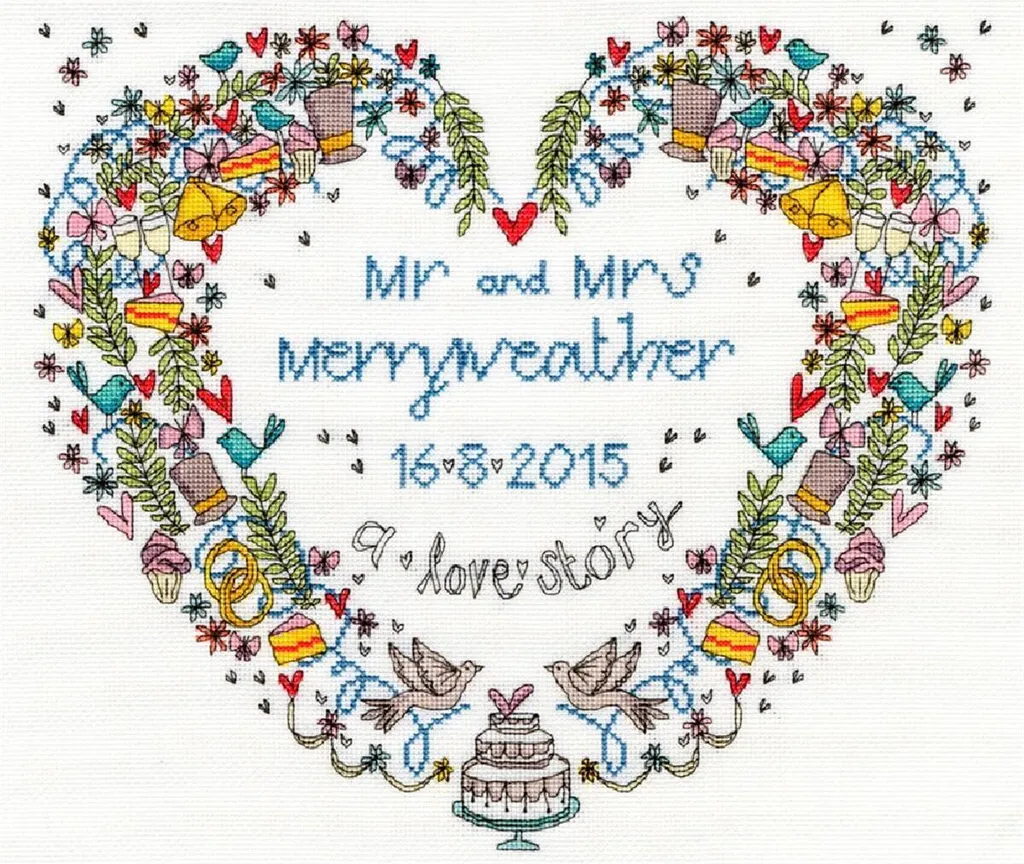 Cadeau de Mariage à Broder : Kit Point de Croix Coeur de Mariage 34x30