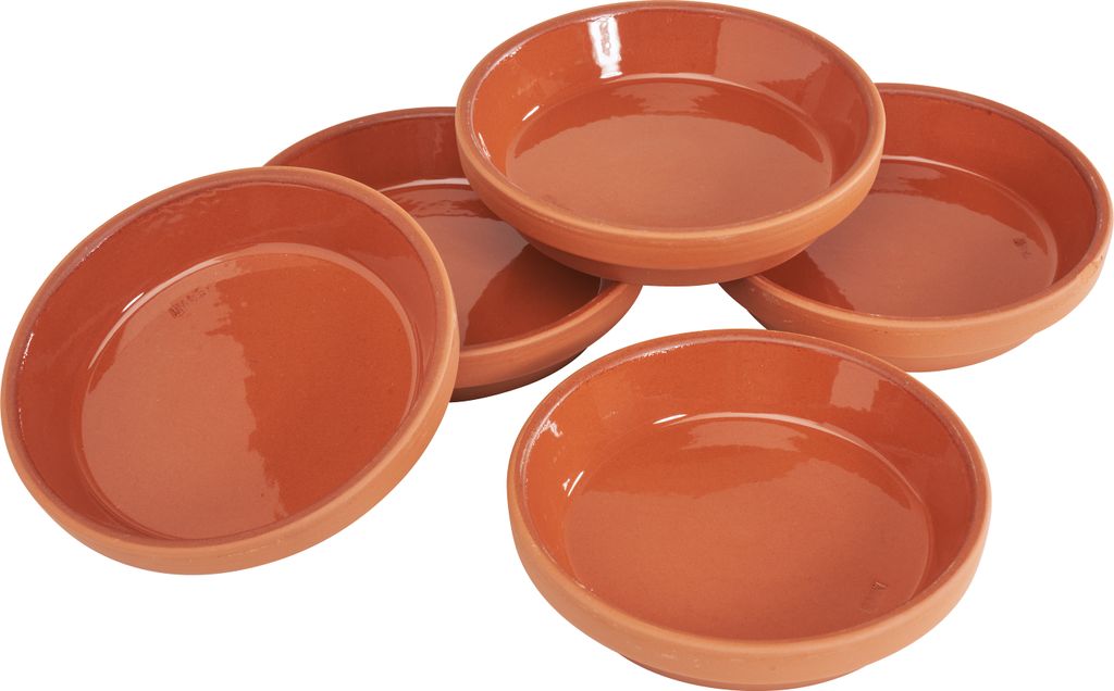 A group of terracotta dishes arranged on a white background.