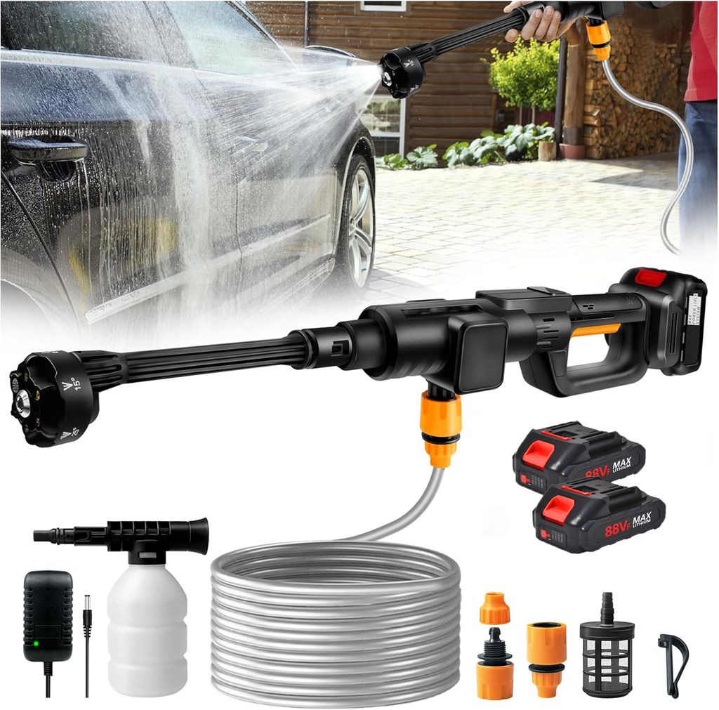 Akku Hochdruckreiniger 900PSI Mobiler hochdruck wasserpistole mit 2 Batterien 6-in-1-Multifunktionsdüse 180° Drehbare Düse Schaumsprüher