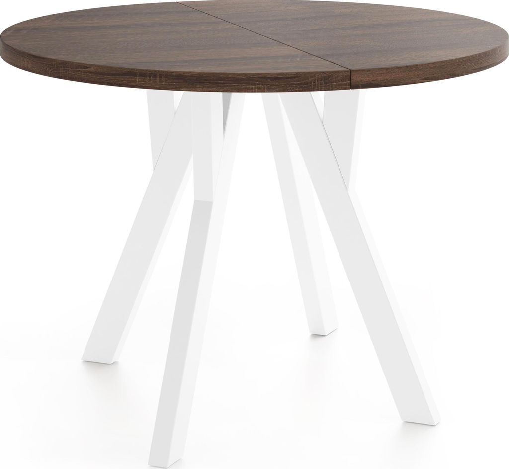 Runder Ausziehbarer Esstisch im Loft-Stil – Industrieller Tisch mit Weißen Holzbeinen – Platzsparender Esstisch für Wohnzimmer – Eiche Sono...