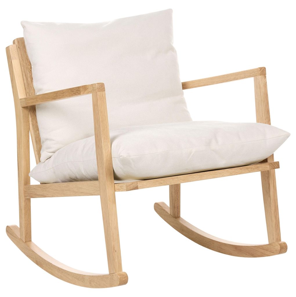 BELIANI Schaukelsessel Hellbraun u. Hellbeige aus Gummibaumholz Massivholz Stoff Gepolstert Skandinavischer Stil Modern Schaukelstuhl Wohnzimmer