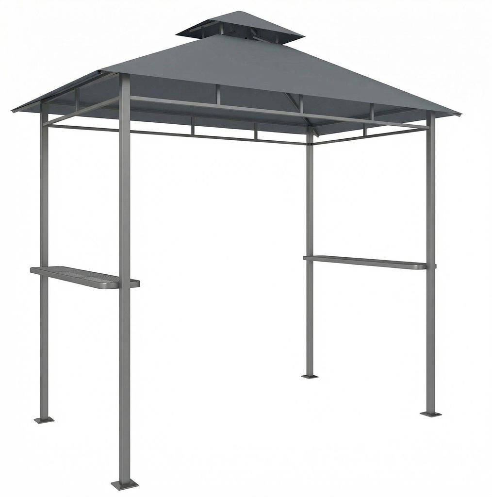 Grillpavillon 2,4 x 1,4 m, Windfest Grillüberdachung mit Doppeldach Lüftungsöffnung Seitenregalen
