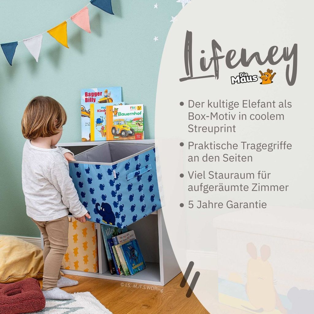 Lifeney meets "Die Maus" Aufbewahrungsbox mit Motiv-Muster für Kinder Box mit dem kultigen Elefanten zum Verstauen von Spielzeug 30 x 30 x 30 cm...