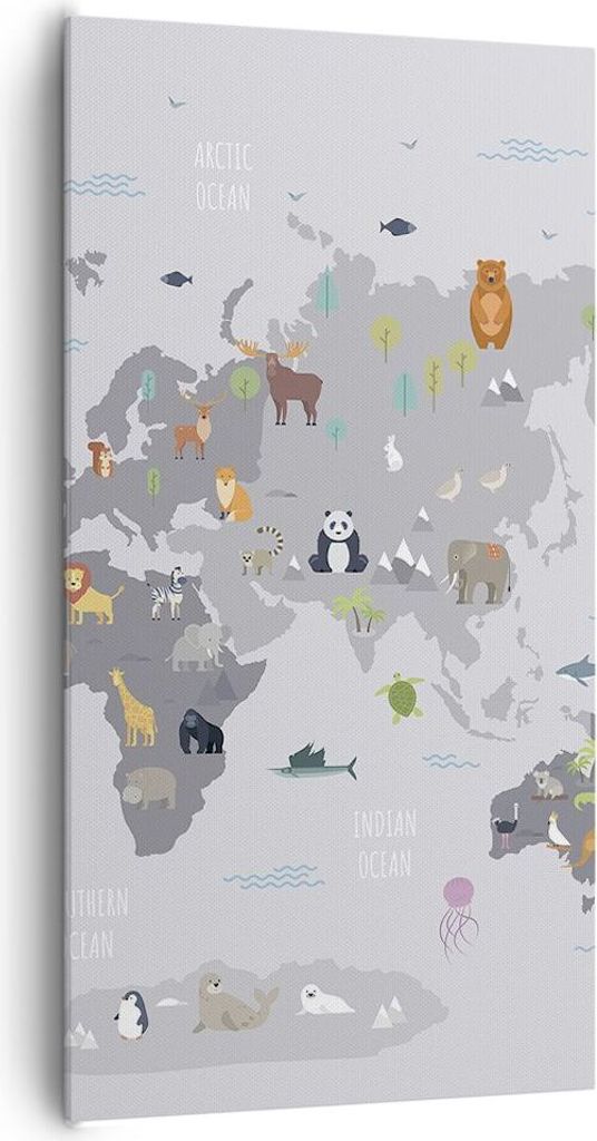 Bild auf Leinwand - Leinwandbild - Einteilig - Karte die Welt Kontinente - 65x120cm - Wand Bild - Wanddeko - Wandbilder - Leinwanddruck - Bilder - ...