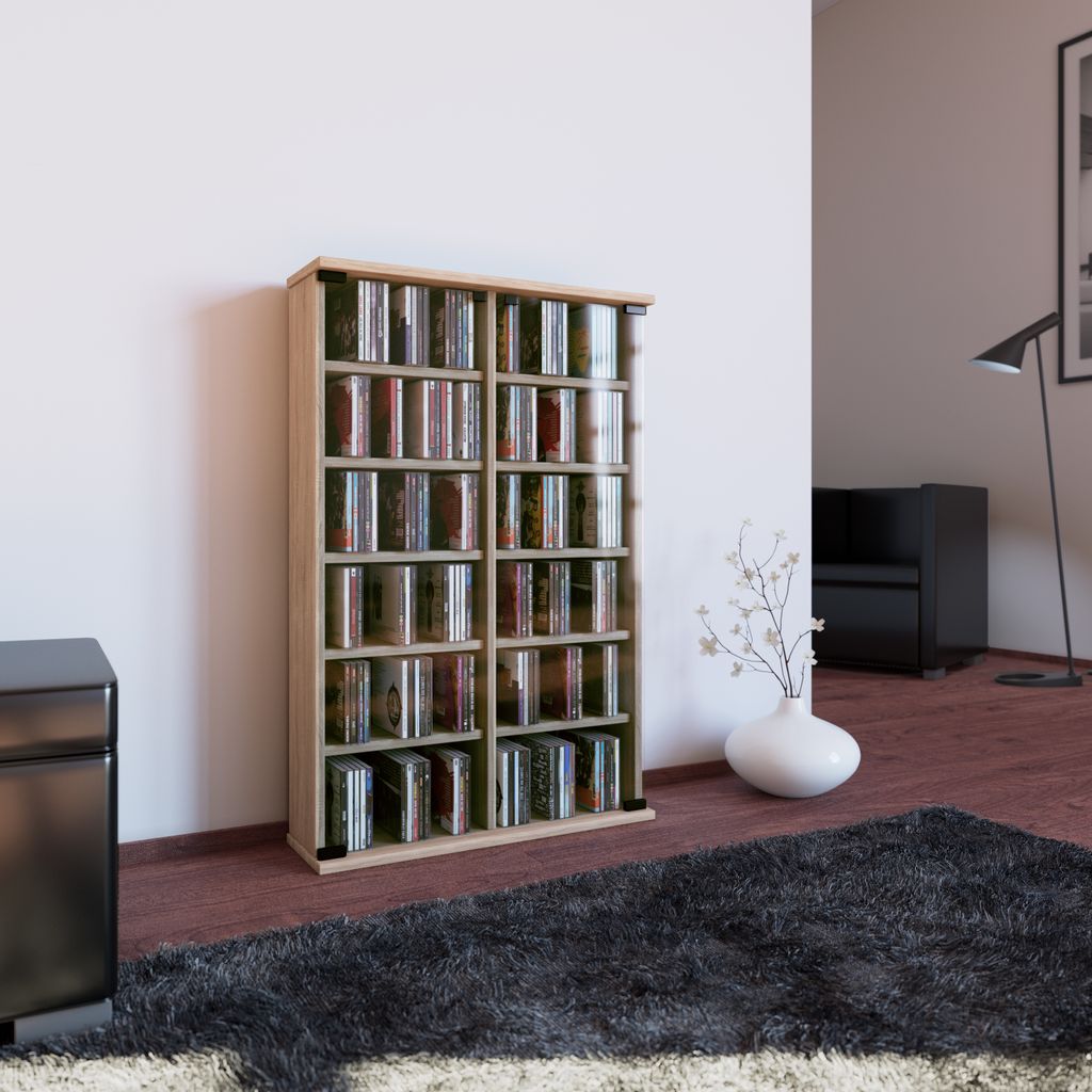 Roma Regal 2 Glastüren, CD-Turm 12 Fächer Sonoma-Eiche Nachbildung.