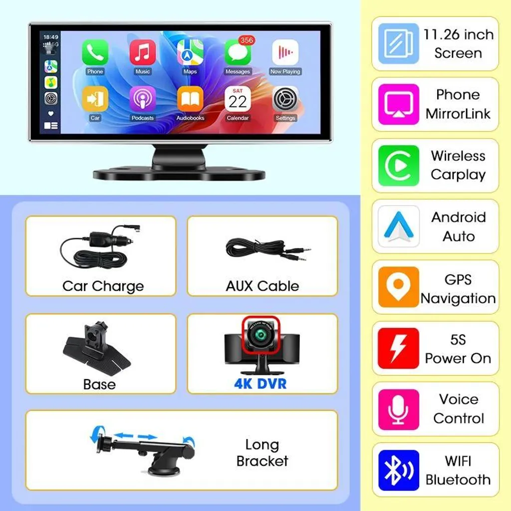 Écran CarPlay pour Navigation GPS et Dashcam 4K Sécurité Route Bluetooth - 2
