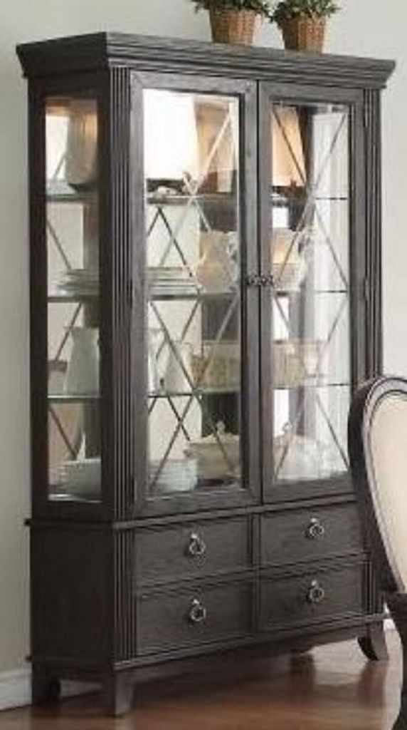 Casa Padrino Luxus Landhausstil Vitrine mit LED Beleuchtung Schwarz 124 x 57 x H. 177 cm - Beleuchteter Massivholz Vitrinenschrank mit 2 Glastüren...