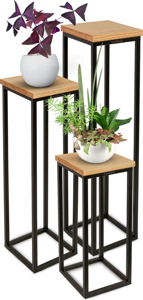 holz4home Dekoständer-Set 3-tlg. in schwarz aus Massivholz Eiche I Natur Geölt I Höhen: 50/70/90 cm I Stahlgestell | Dekosäule | Blumensäule