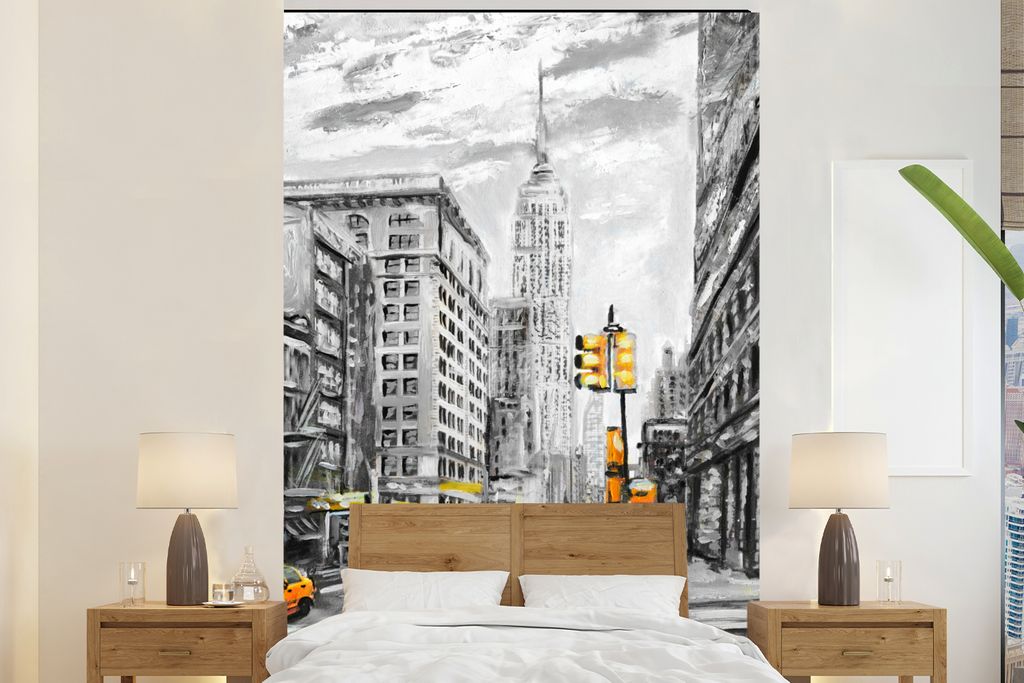 MuchoWow Fototapete für Wohnzimmer oder Schlafzimmer Wandtapete Vinyl Motivtapete Malerei - Stadt - Auto - Gelb - 170x260 cm - Wohnzimmertapete