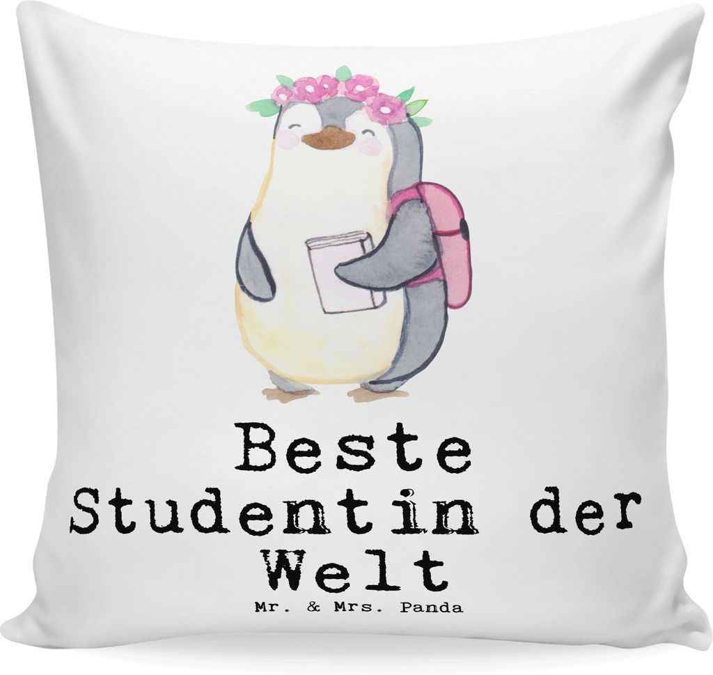 Mr. & Mrs. Panda Kuschelkissen Pinguin Beste Studentin der Welt - Weiß - Geschenk, Abschluss, Mikrofaser Kissen, Alumni, Hochschule, 40x40, für s...