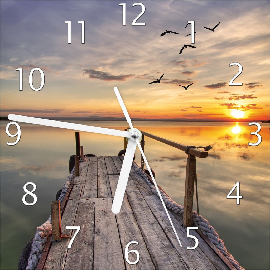 Wallario Design Wanduhr Sonnenuntergang über dem See idyllischer Steg aus Echtglas, Größe 20 x 20 cm