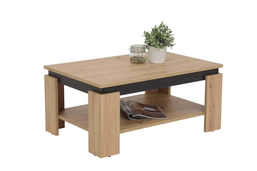 A coffee table with a wooden finish and a lower shelf, displayed on a white background.