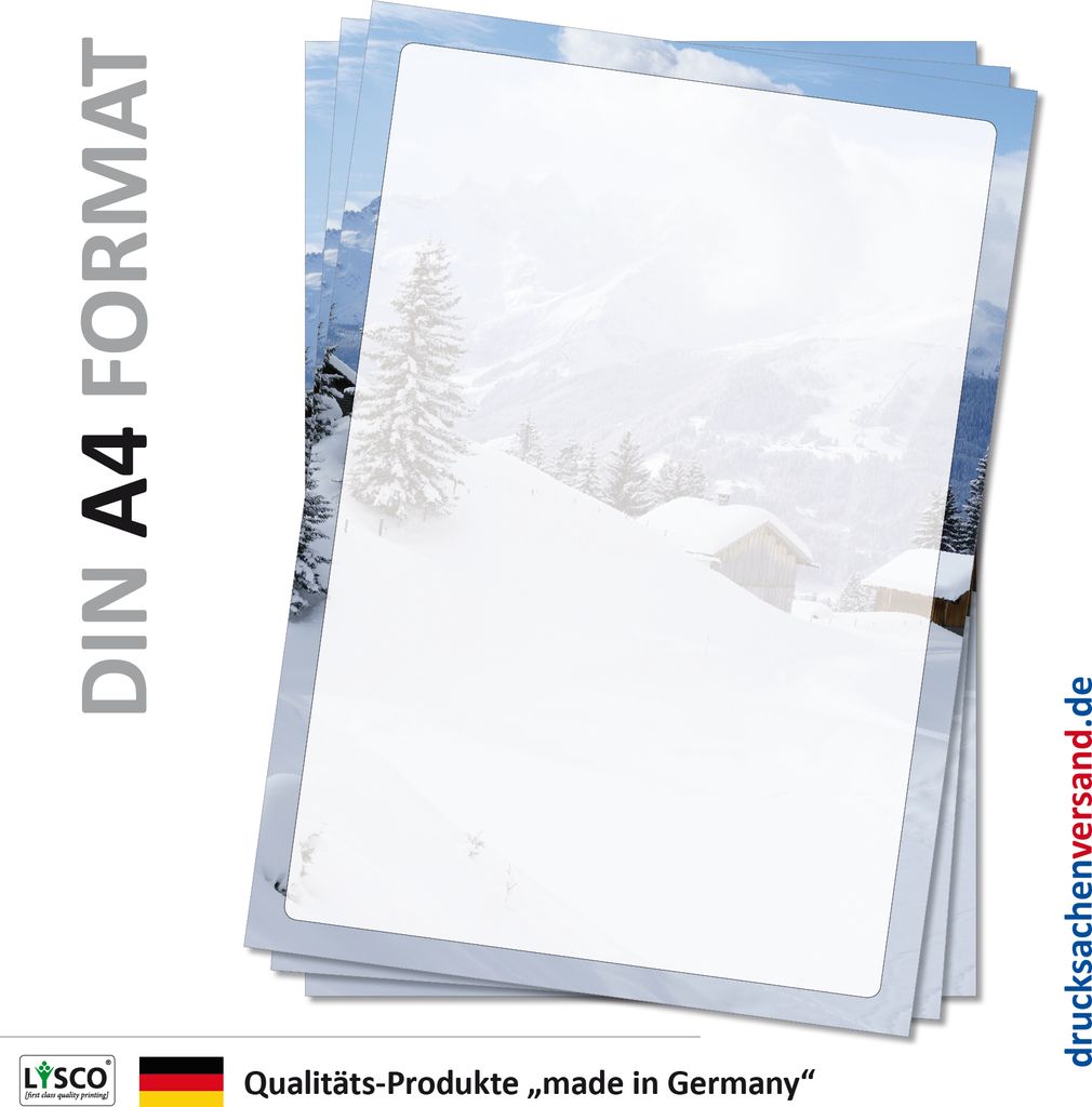 Motivpapier Briefpapier (Winter-5049, DIN A4 100 Blatt) tief verschneite Winterlandschaft im Gebirge mit Almhütte und schneebedeckten Bäumen