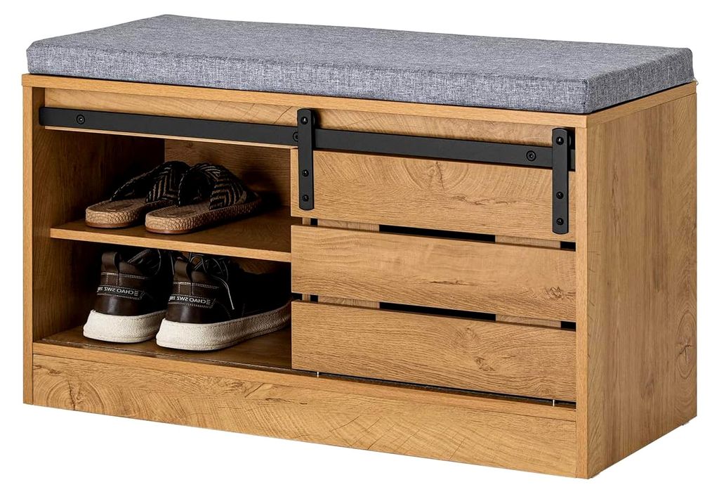Schuhbank mit Schiebetür, Truhenbank, Sitzbank mit Stauraum, Schuhregal, Garderobenbank, Dielenbank, Bettbank, Schuhtruhe, Sitzkommode, Natur, BHT...