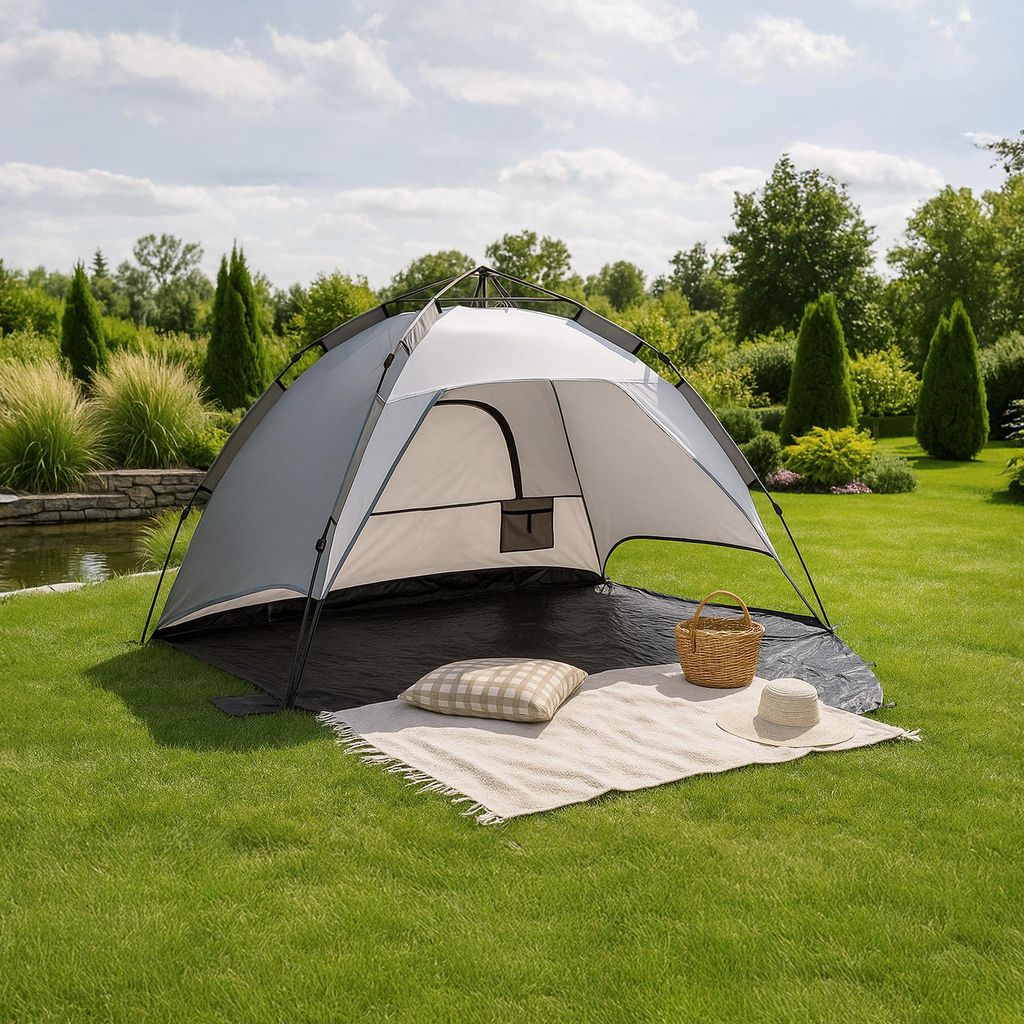 Strandmuschel 'Mullsjö' 215 x 135 x 140 cm Pop Up Strandzelt für 2 Personen Halboffen automatisches Campingzelt wasserabweisend Dunkelgrau / Hell...