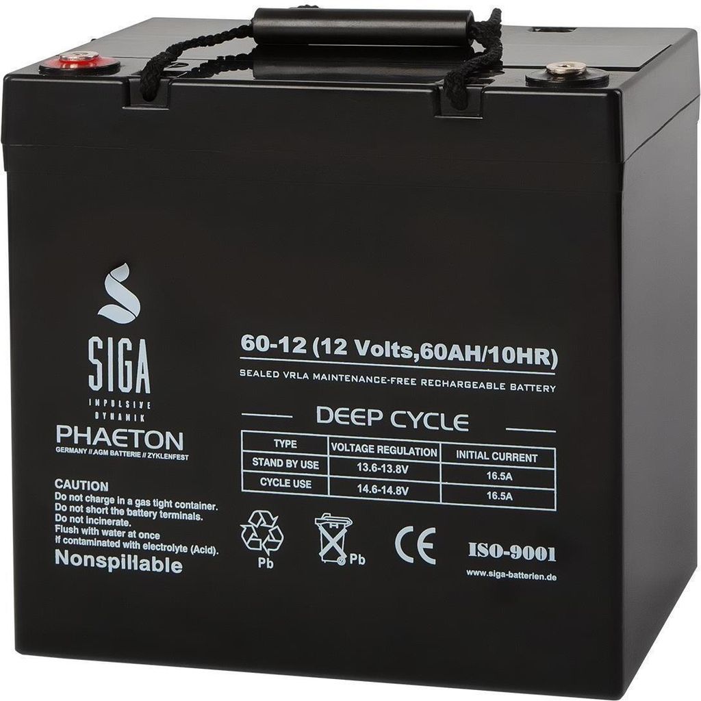 Akku 12V 60Ah AGM zyklenfest tiefentladesicher L229xB138xH235mm