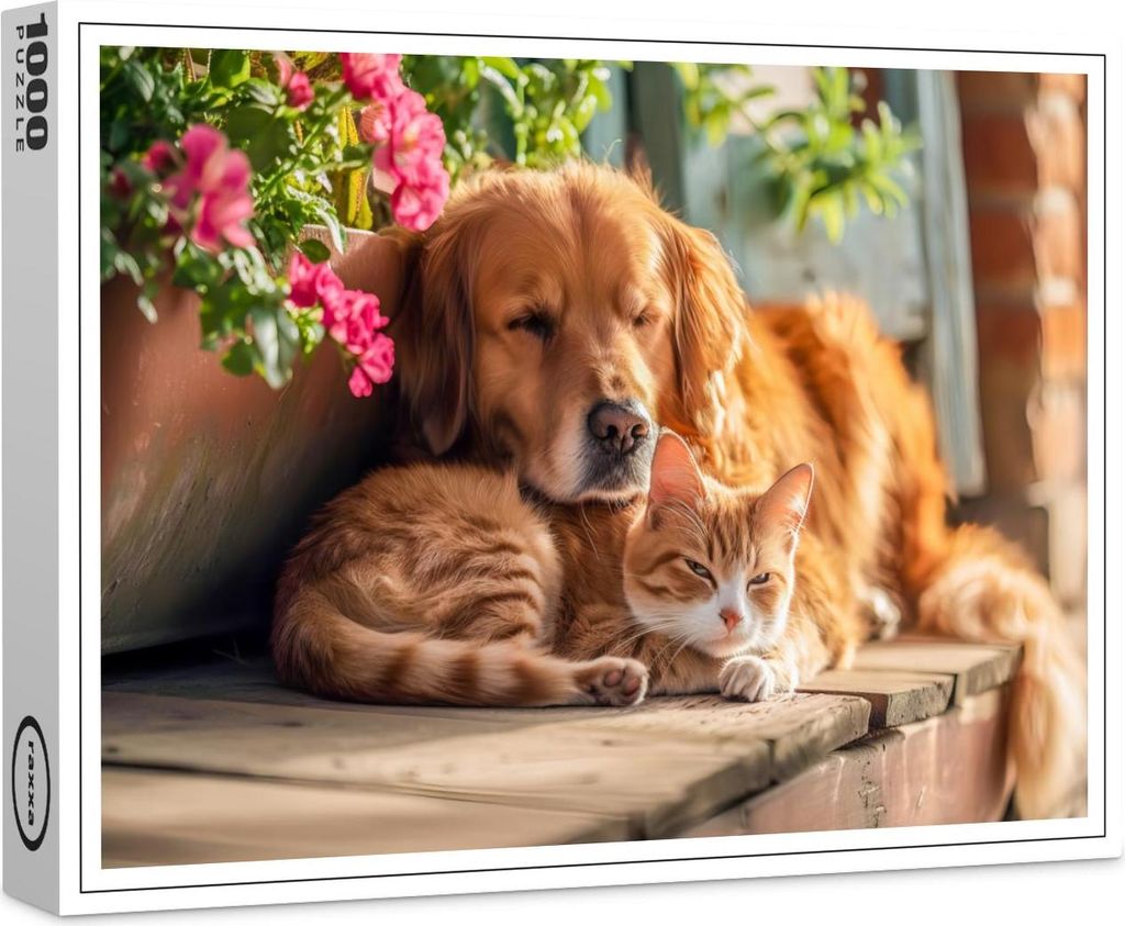 raxxa Premium-Puzzle "Labrador and Red Cat Snooze Together by Flowerpots", 1000 Teile