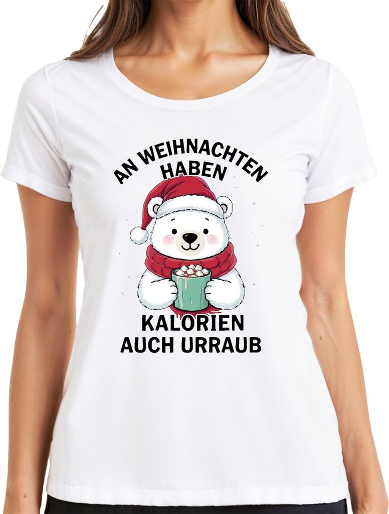 Kalorien haben Urlaub Weihnachten Eisbär Kakao süß Geschenk Damen T-Shirt, Weiß, S