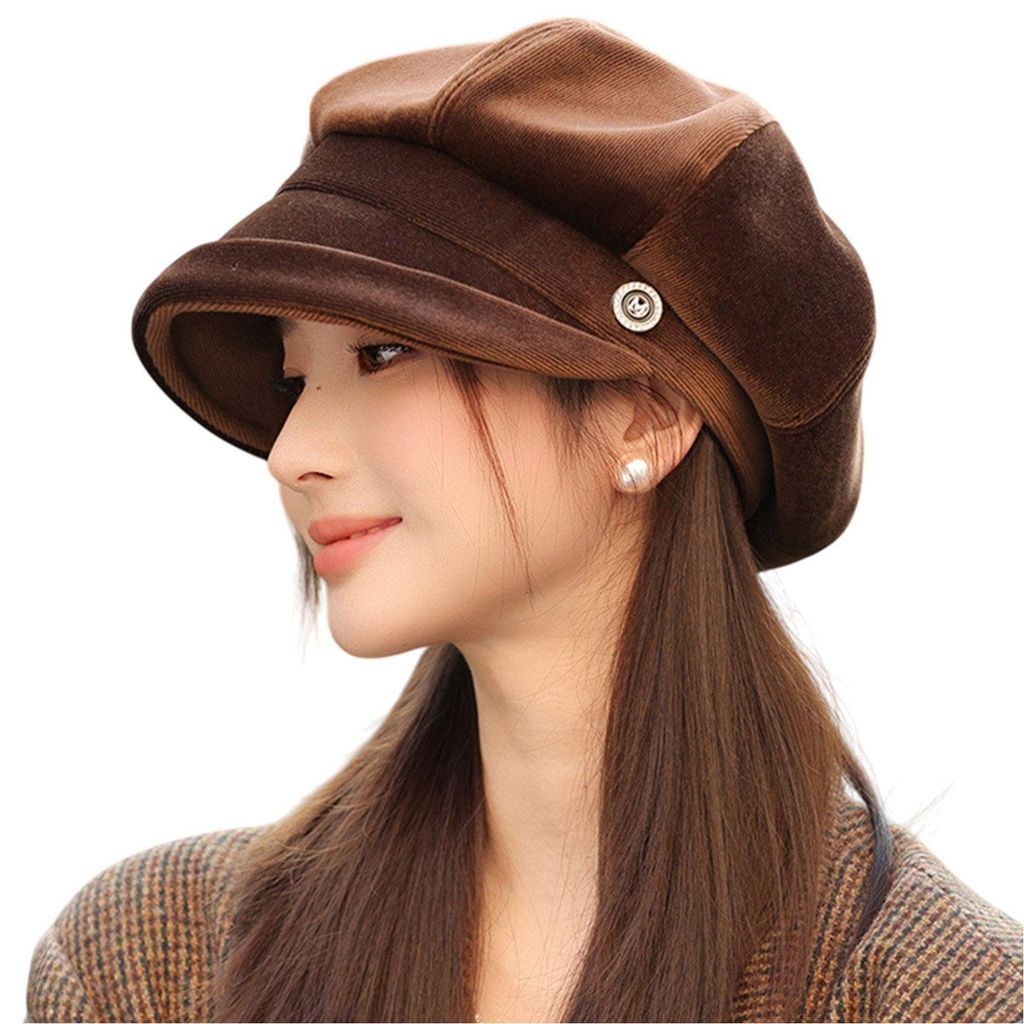 Damen Schirmmütze Retro Baskenmütze Schirmbarett für Herbst Winter, Braun