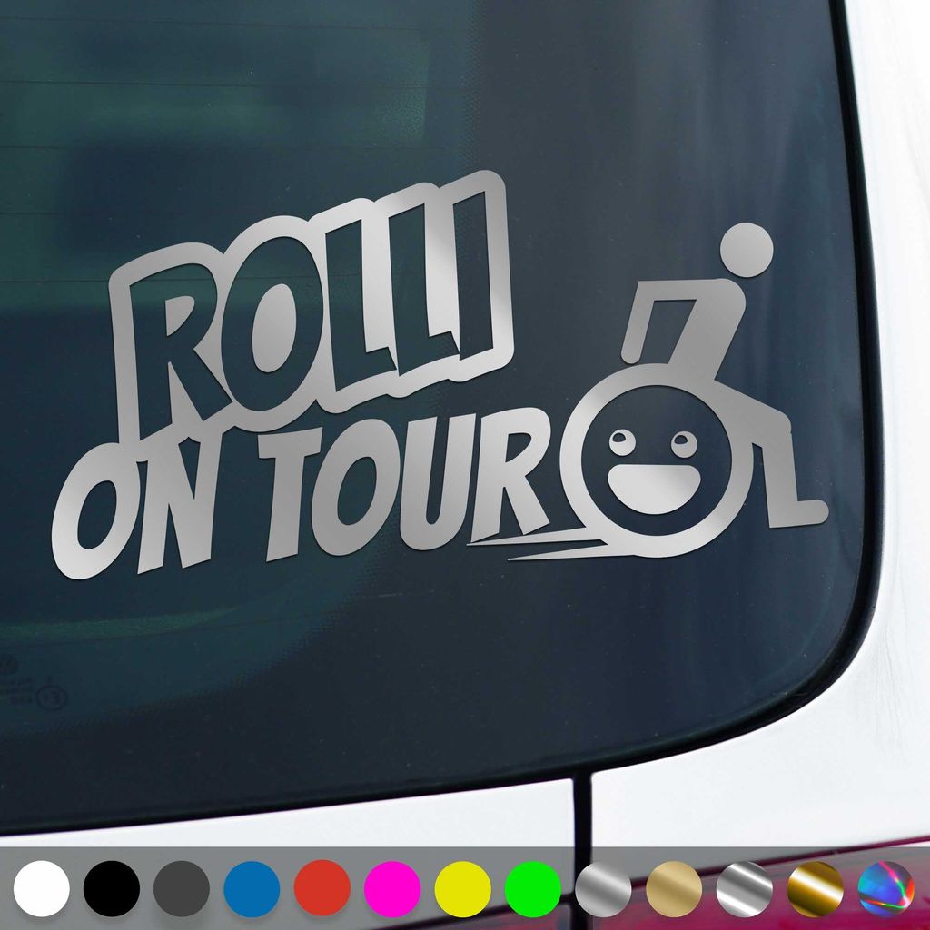 PantherPixel Rollstuhlfahrer Aufkleber Rolli on Tour Handicap Sticker Auto Geschenkidee Farbe Silber