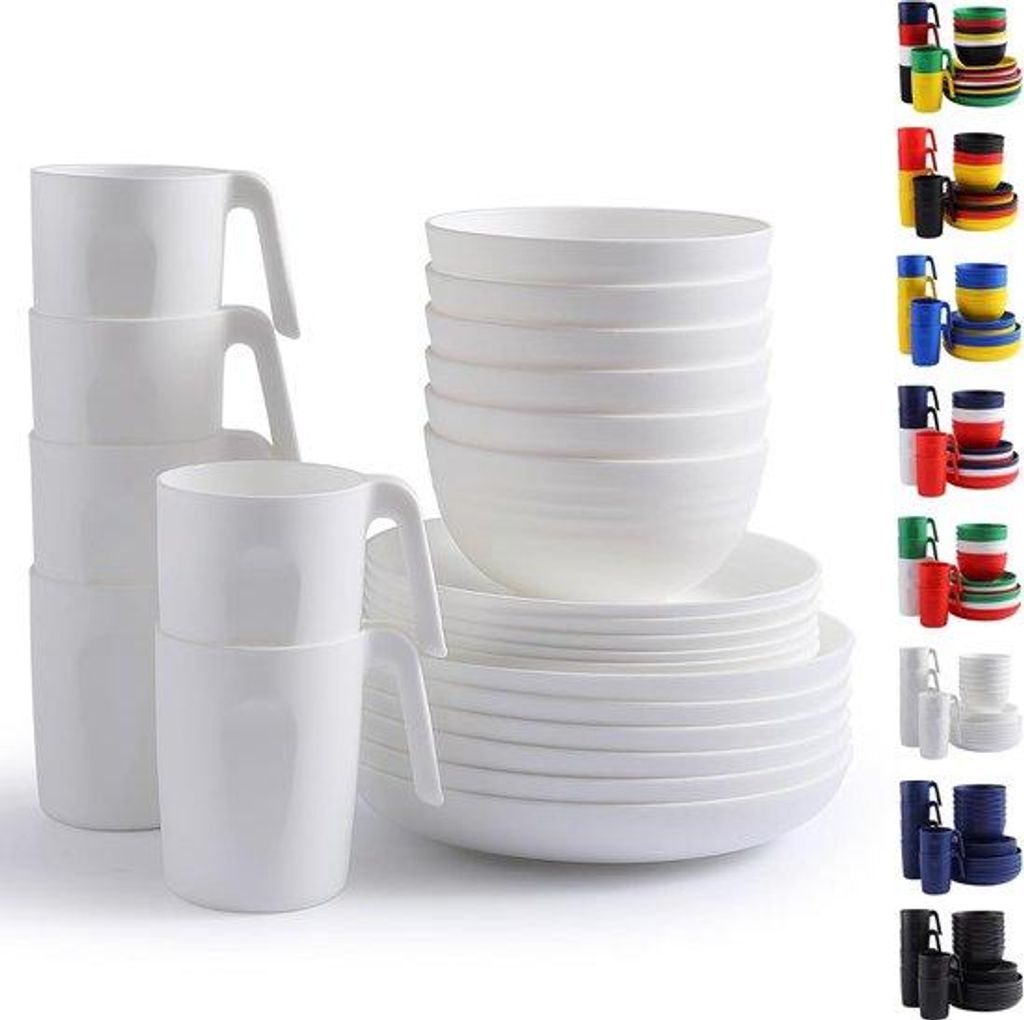 Plastik Tischutensilien-Set 24-teilig für 6 Personen - wiederverwendbare Teller und Tassen-Set - Teller-Set mit Tischtellern, Desserttellern, Cere...