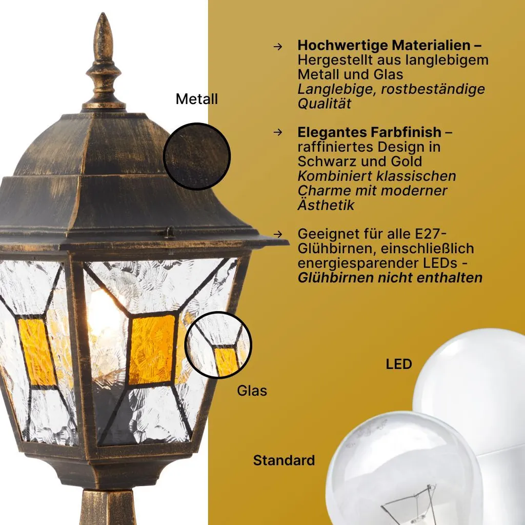 BRILLANTE battiscopa da esterno JANEL | nero/oro | stile casa di campagna | dimmerabile con una fonte luminosa adeguata | 1x presa E27 max. 60 W | metallo/vetro | IP44 - 6