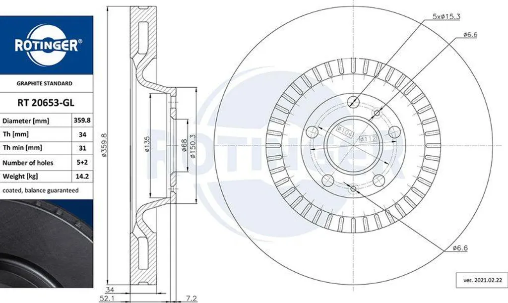 Disques de frein ventilés ROTINGER RT 20653-GL compatibles Audi A8 et A6