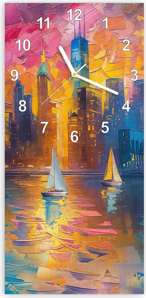 Wanduhr aus Glas mit Motiv Hafenstadt Bei Nacht- 30 x 60 cm - inkl. Aufhängesystem