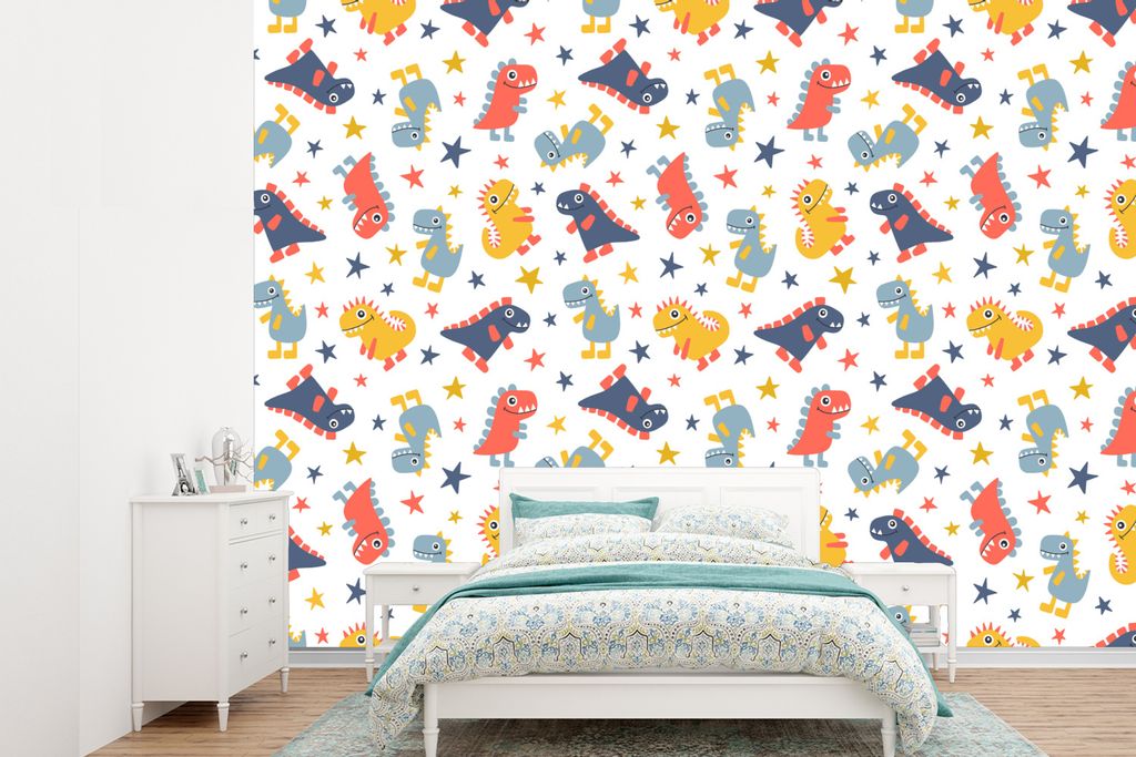 MuchoWow Fototapete für Wohnzimmer oder Schlafzimmer Wandtapete Vinyl Motivtapete Muster - Dino - Sterne - Jungen - Baby - Kinder - Kinder - 385...