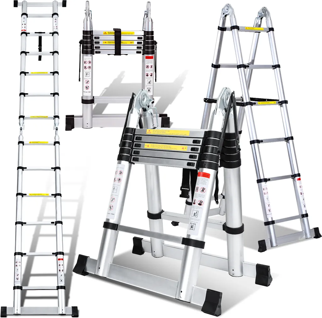 Échelle télescopique 3.8M Protection anti-pince-doigts Argent 150 KG Max