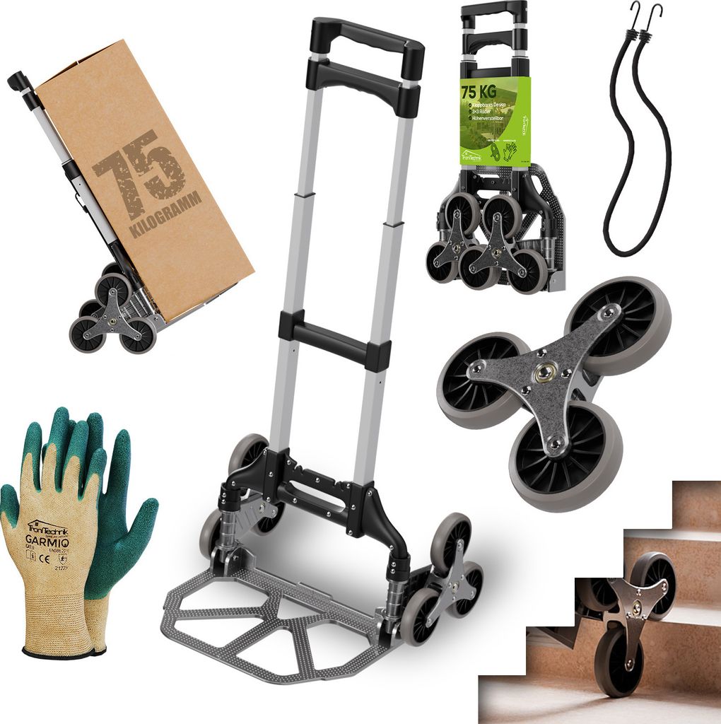 TroniTechnik Sackkarre Handkarre klappbar, Transportkarre bis 75kg, Klappwagen für Treppen - Sternrad, höhenverstellbar