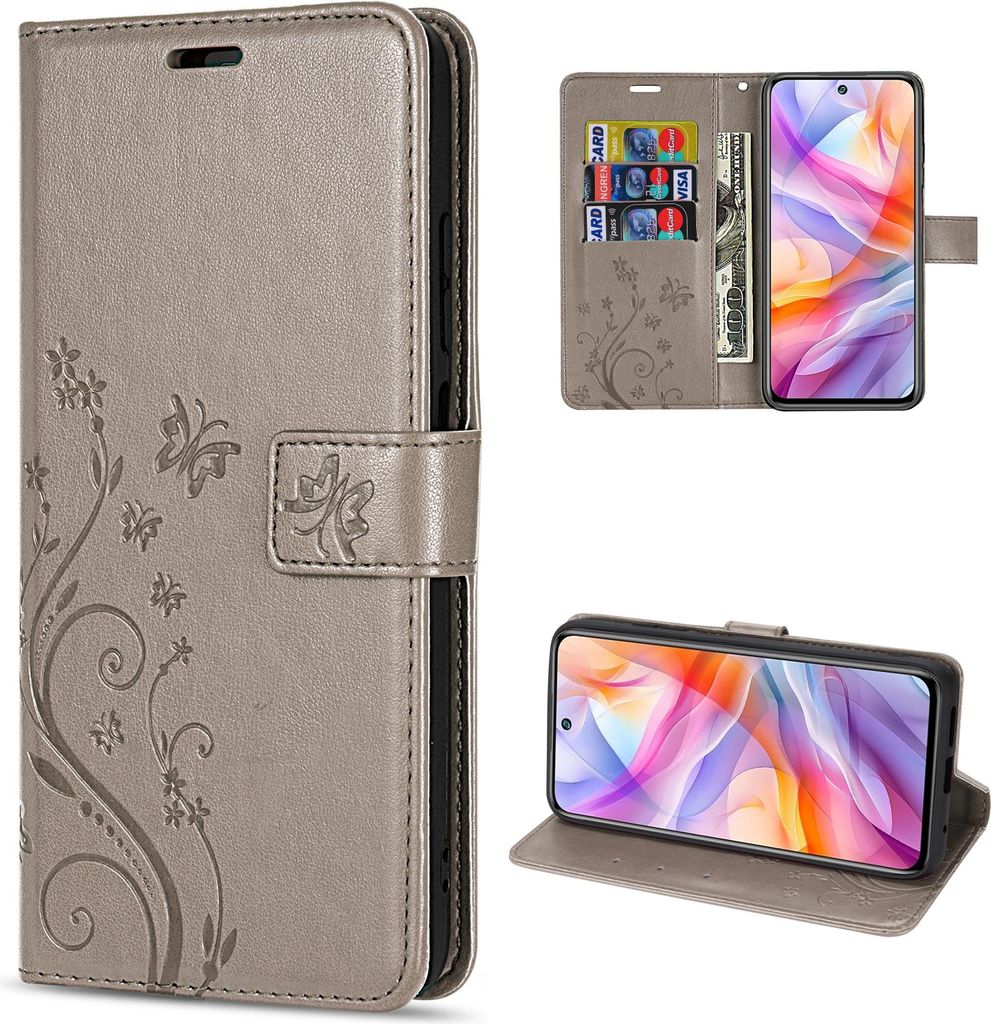 A collage of images showing a flip phone case for a ZTE Blade V70 Vita in gray, with floral and butterfly embossing. One image shows the case open with cards and cash inserted, another shows the phone inside the case in a landscape orientation.