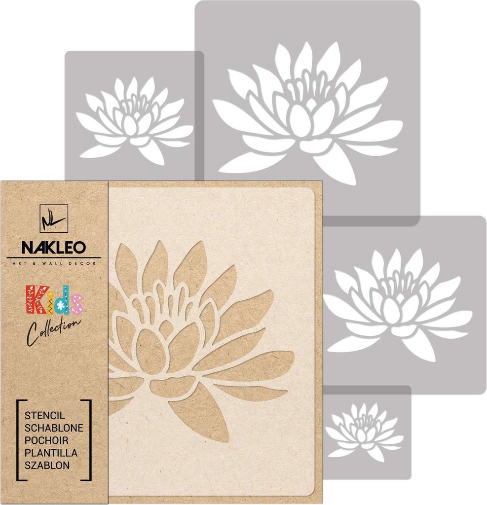 Schablonen Malen für Kinder, 5 Stück Set 9x9 cm bis 34x34 cm Lotus Blume Natur, Wiederverwendbare Kunststoff für Kinderzimmer Malvorlage Raumdek...