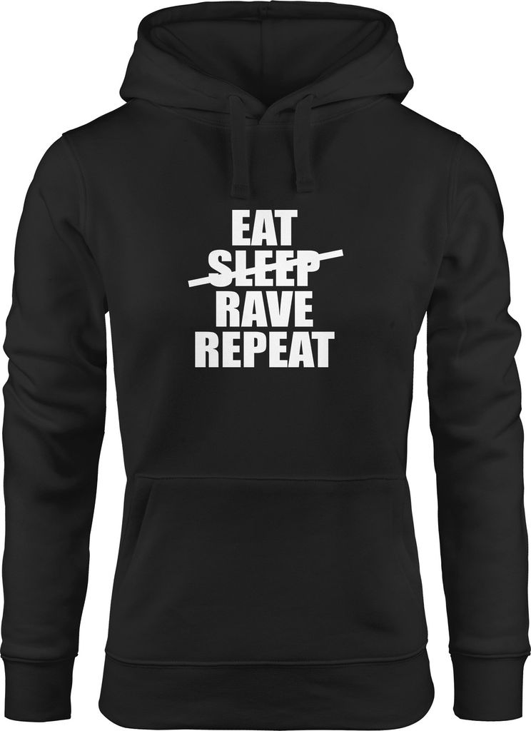Hoodie Damen Eat Sleep Rave Repeat Techno Kapuzenpullover Moonworks schwarz S