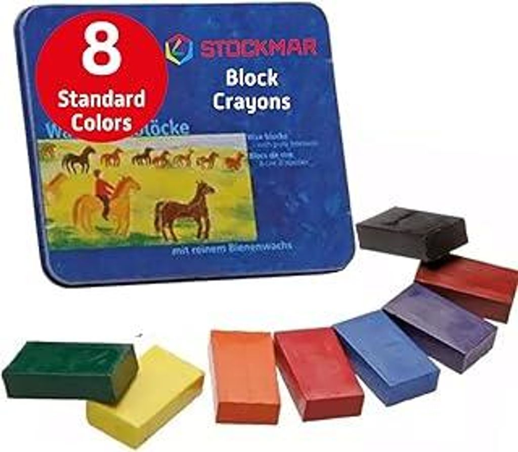 Stockmar 204884258 34000 Wachsmalblöcke mit reinem Bienenwachs, 8 Wachsmal-Farben in handlicher Blockform, verpackt im praktischen Blechetui, idea...
