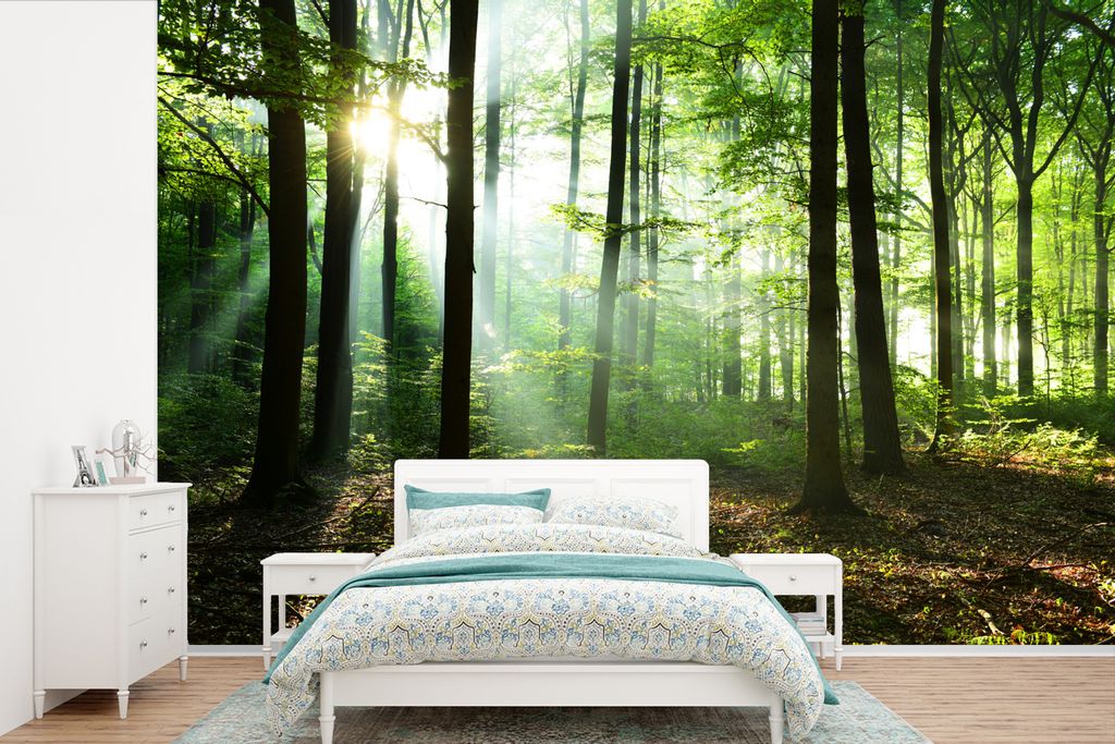 MuchoWow Fototapete für Wohnzimmer oder Schlafzimmer Wandtapete Vinyl Motivtapete Wald - Sonne - Laub - 330x220 cm - Fototapeten
