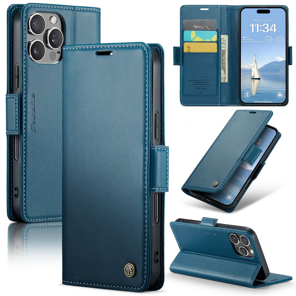Lederhülle für iPhone 16 Pro Max Brieftasche Kartenfach Schutzhülle mit Standfunktion Blau