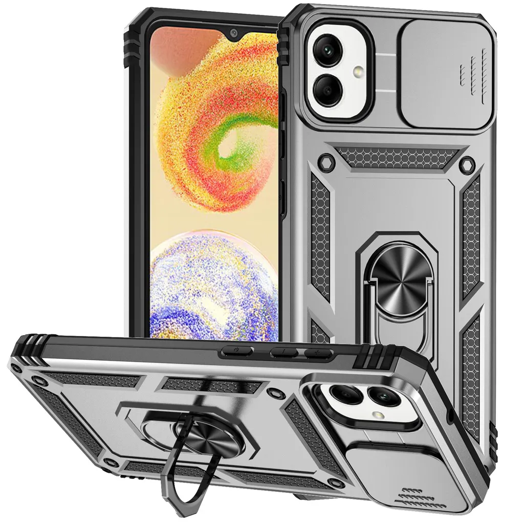 Custodia per Samsung Galaxy A05 a doppio strato con copertura scorrevole della fotocamera e supporto ad anello Argento