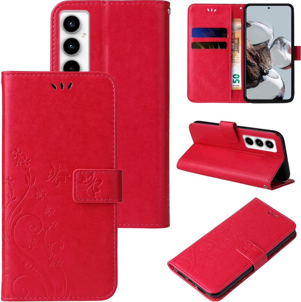 Handyhülle für Samsung Galaxy A35 5G Floral Blumen Schmetterling Flip Cover Hülle Case Klapphülle Handytasche Farbe: Rot