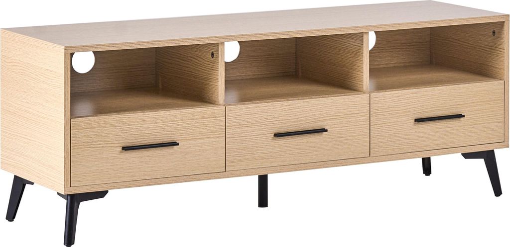 BELIANI TV-Möbel Holzoptik Hellbraun MDF-Platte 120 cm Lang mit Füßen 3 Schubladen 3 Regale Modern Stehend TV-Lowboard Fernsehtisch