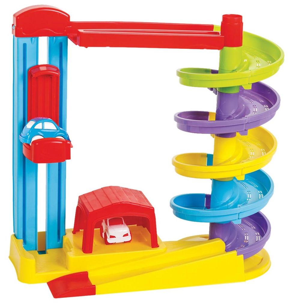 Autobahn Spielset inkl. 2x Mini Autos, Aufzug und Garage, Autospielset für Kinder ab 3 Jahren
