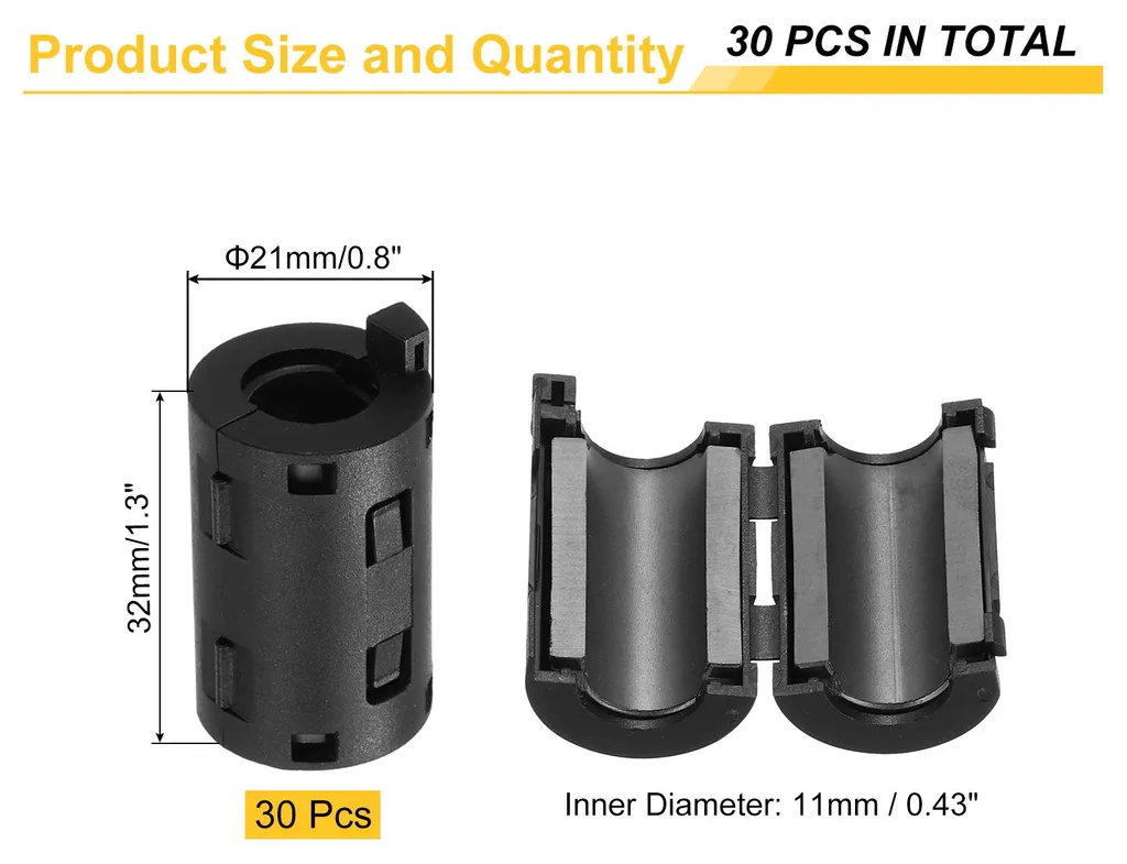 30 Anneaux de Ferrite 11mm Clips Anti-Parasite RFI EMI pour Câbles Noirs