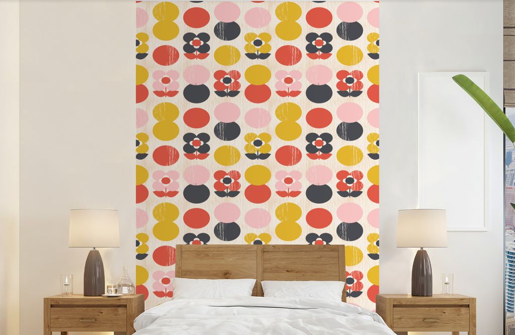 MuchoWow Fototapete für Wohnzimmer oder Schlafzimmer Wandtapete Vinyl Motivtapete Retro - Design - Blumen - Pastell - 190x300 cm - Kinderzimmer