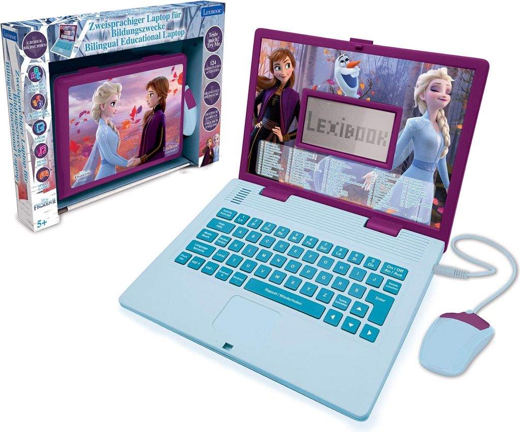 A toy laptop with a Frozen theme, shown with its packaging.