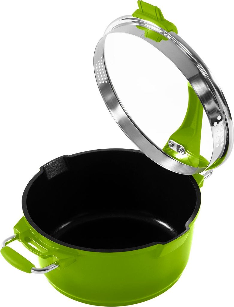 Ø24cm Multifunktionstopf / Kochtopf Aluguss KING mit Keramikbeschichtung Innen: FUSION TI mit Ausguss-Sieb im Deckel / Farbe: Grün