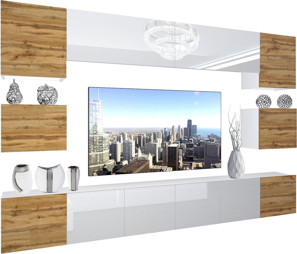 BELINI Wohnwand Vollausstattung Wohnzimmer-Set Moderne Schrankwand mit LED-Beleuchtung Weiß Glänzend Anbauwand TV-Schrank Eiche Wotan / Weiß Gl...