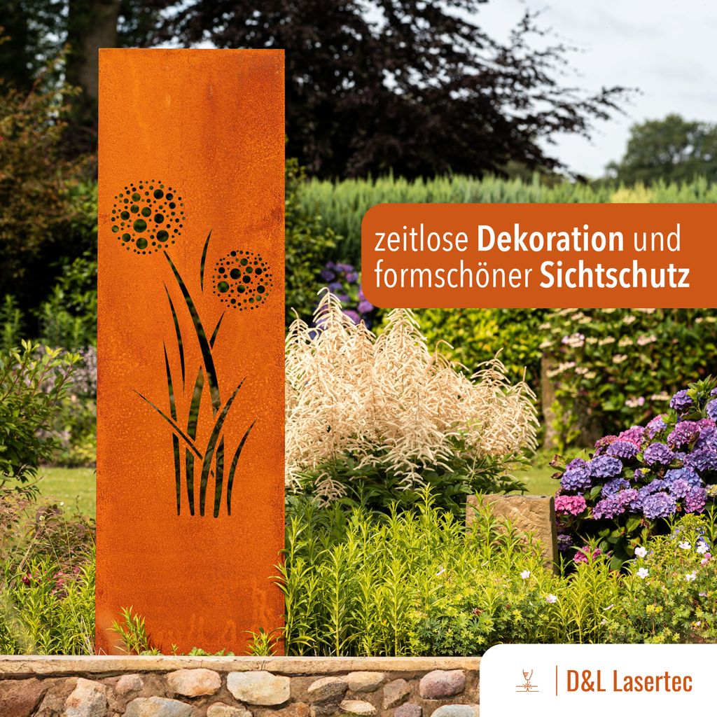 D&L Lasertec Edelrost Sichtschutzwand – Pusteblume, 160x50 Cm, Mit Bodenankern