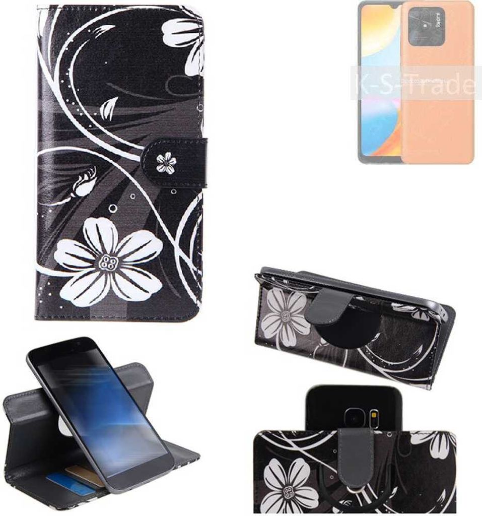 K-S-Trade Schutzhülle Handyhülle kompatibel mit Xiaomi Redmi 10 Power Hülle 360° Wallet Case ''Flowers'' Klapphülle Hülle schwarz-weiß 1x