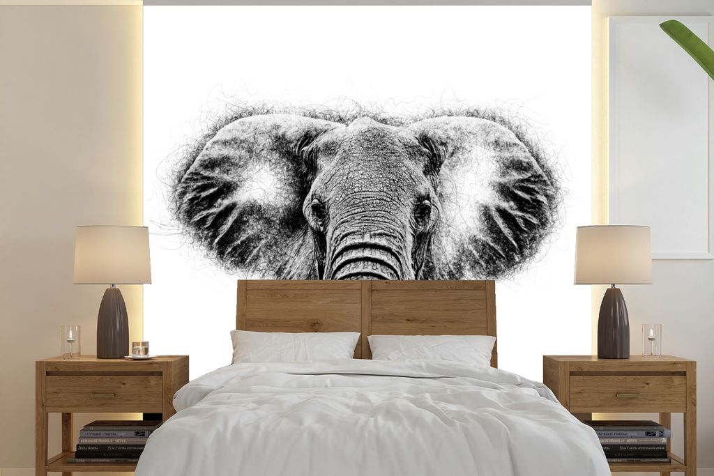 MuchoWow Fototapete für Wohnzimmer oder Schlafzimmer Wandtapete Vinyl Motivtapete Elefant - Tiere - Schwarz - Weiß - 300x300 cm - Wanddekoration