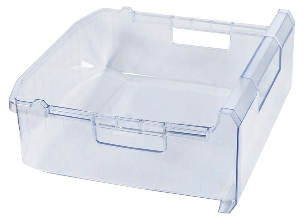 A clear plastic drawer for a freezer.